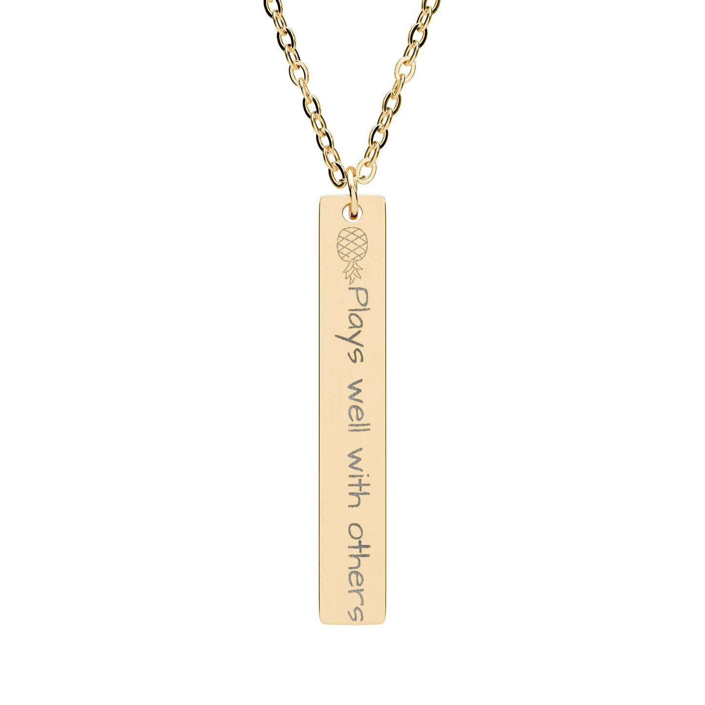 Engraved Vertical Bar Necklace — "Playnic was with others" Personalized Pendant