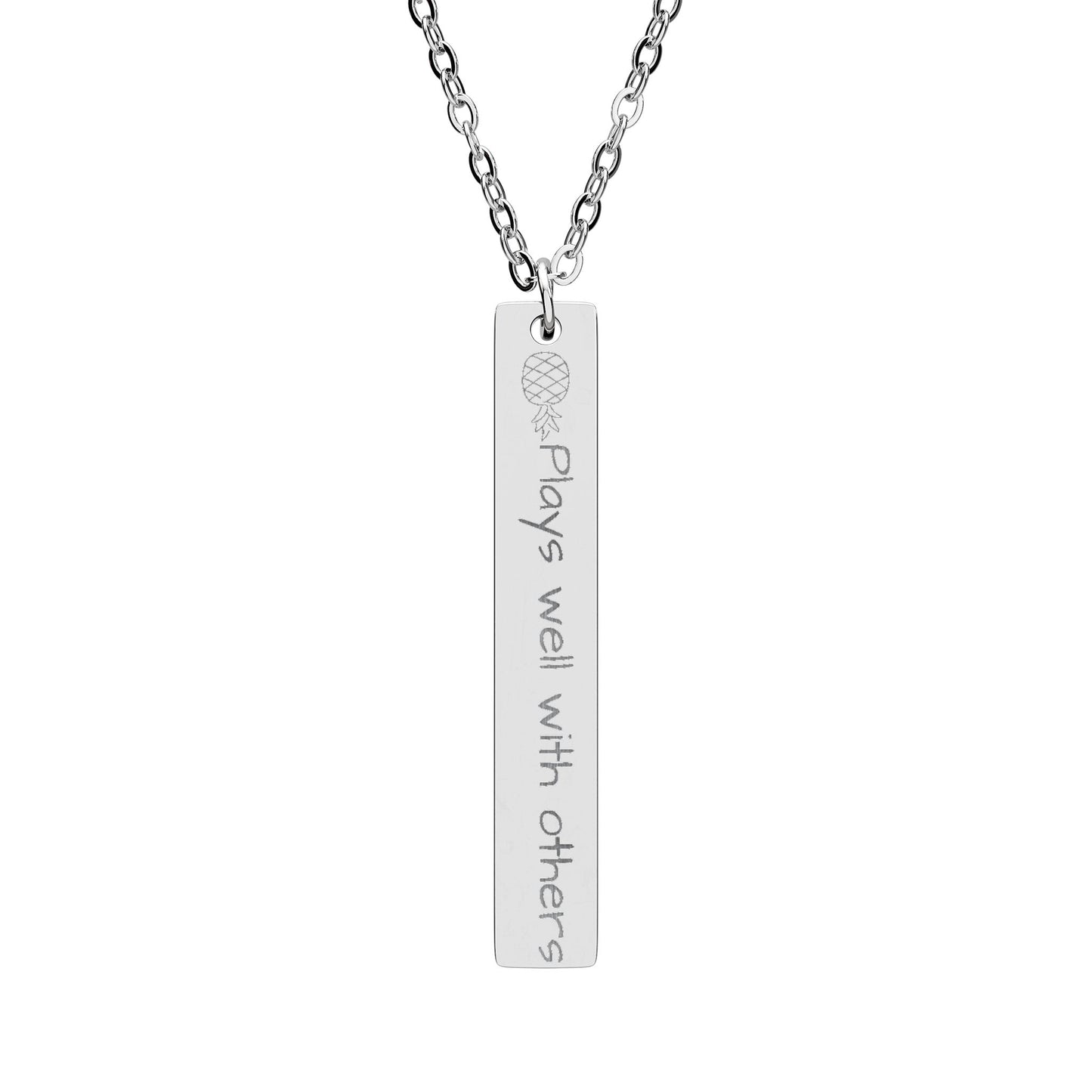 Engraved Vertical Bar Necklace — "Playnic was with others" Personalized Pendant