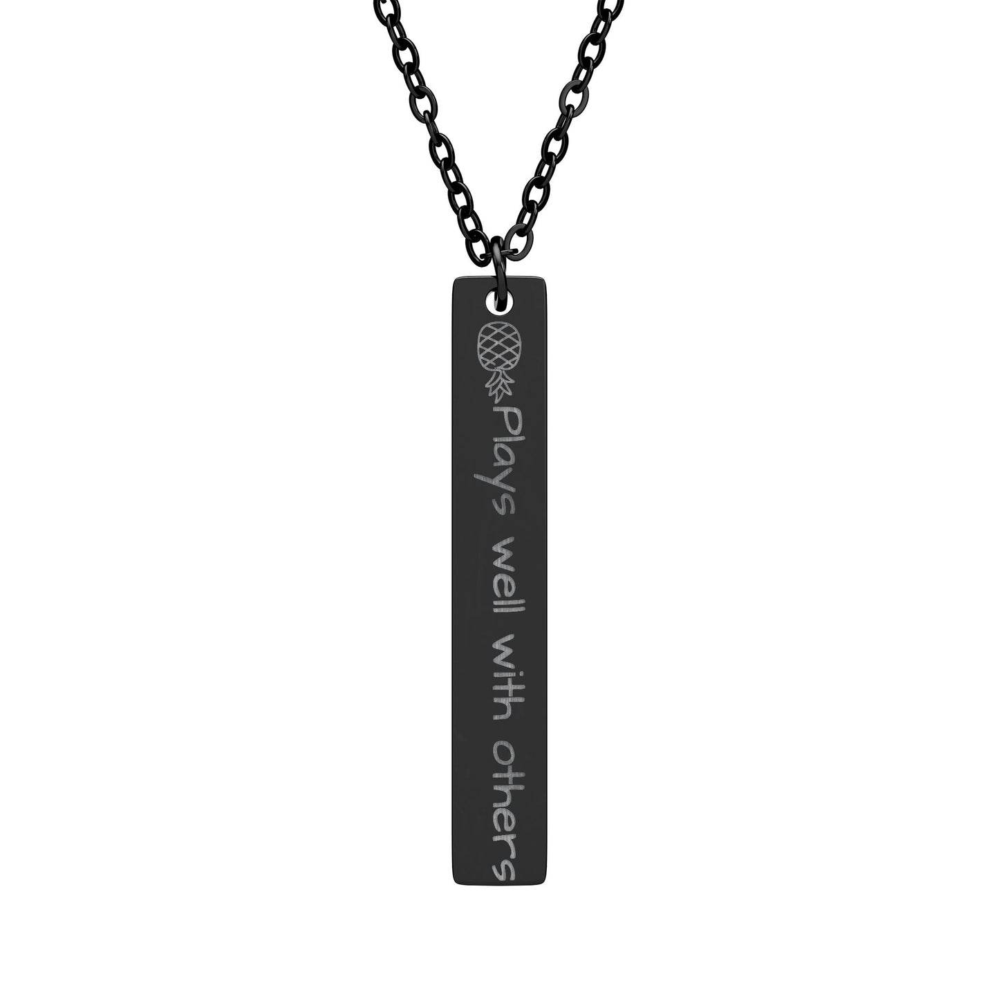 Engraved Vertical Bar Necklace — "Playnic was with others" Personalized Pendant